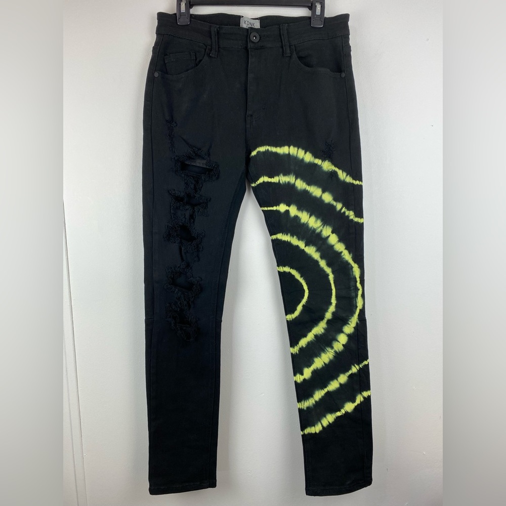 KDNK size 32 Men’s Black Neon Green Tie Dye Distressed Skinny Jeans